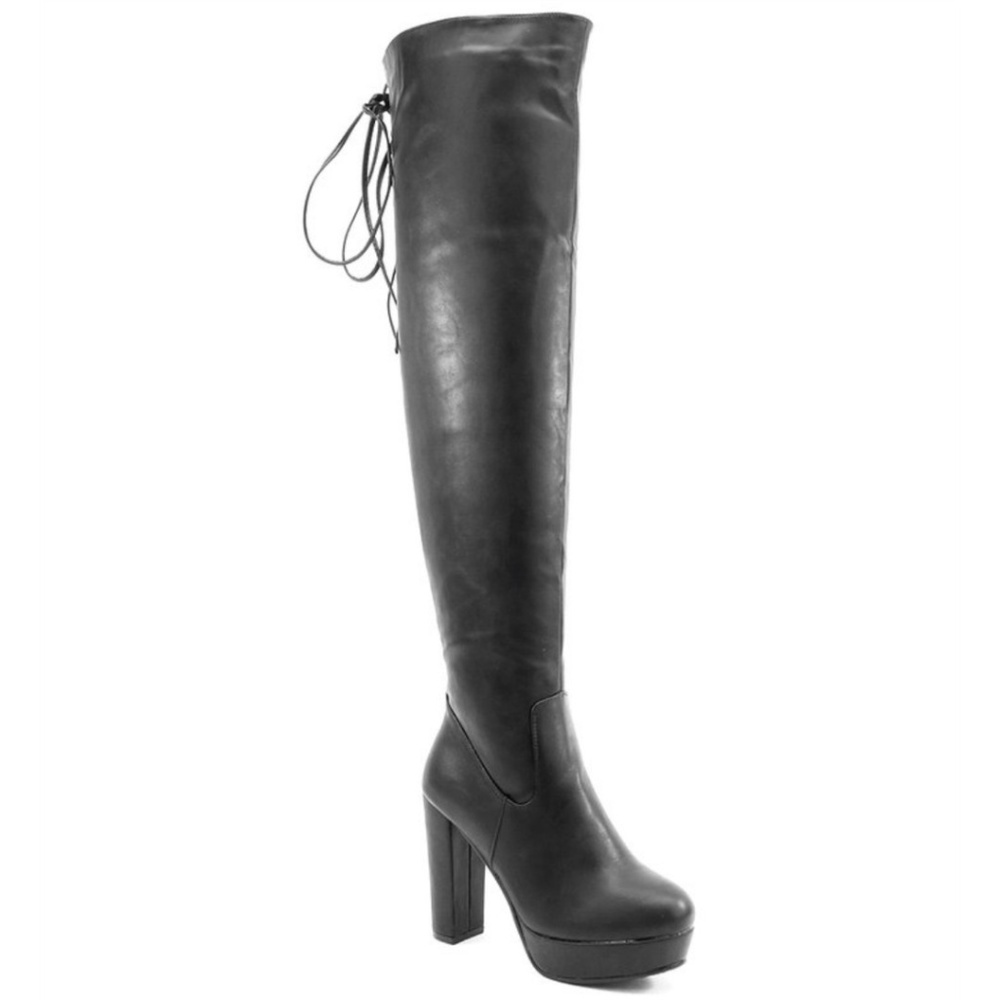 Black PU Platform Thigh High Lace Up Boots NEW